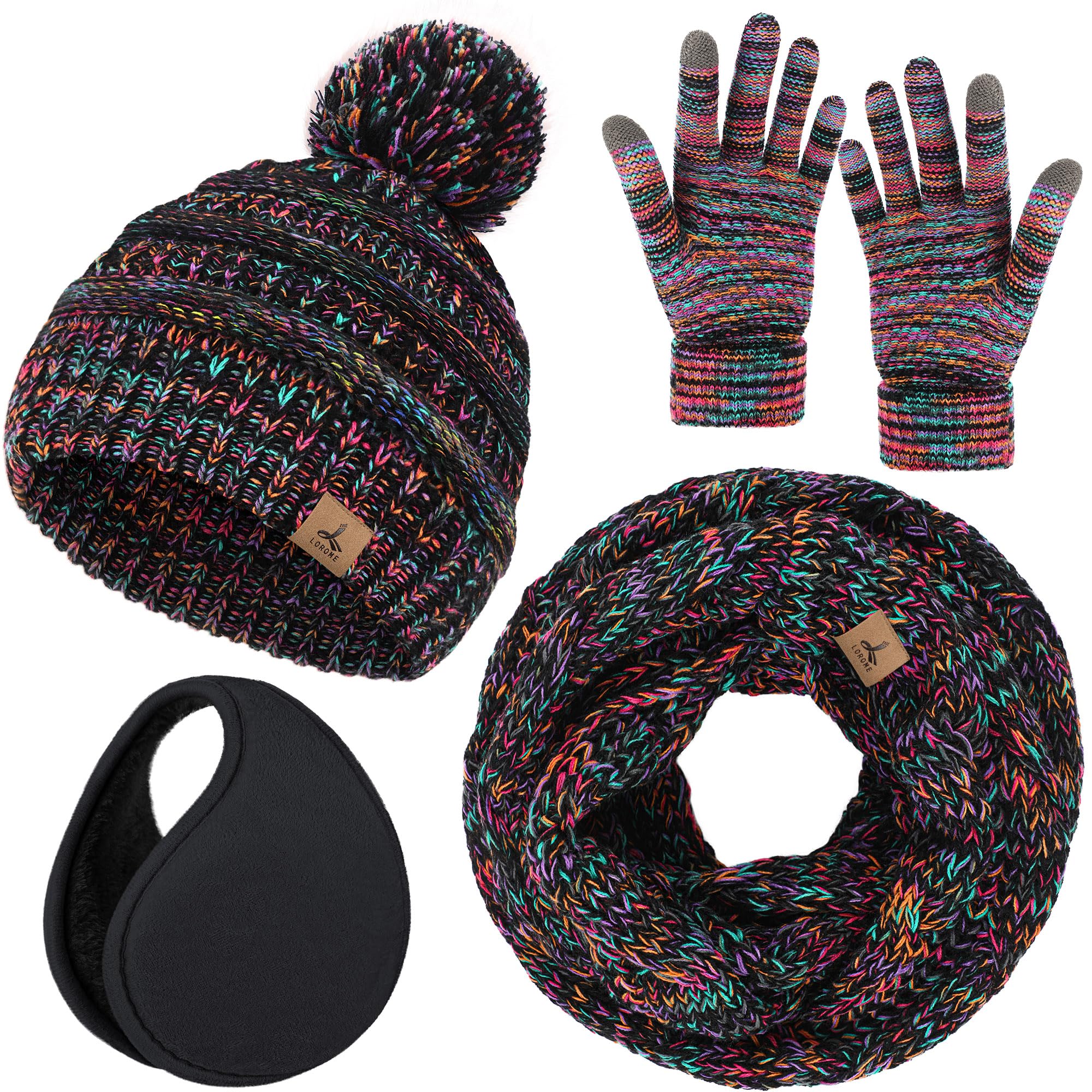 Winter Hat Scarf Gloves and Ear Warmer, Warm Knit Beanie Hat Touch Screen Gloves Set Winter Gifts Neck Scarves for Women